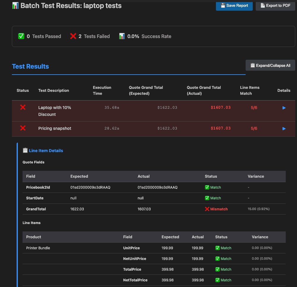 Batch test report showing test results and statistics