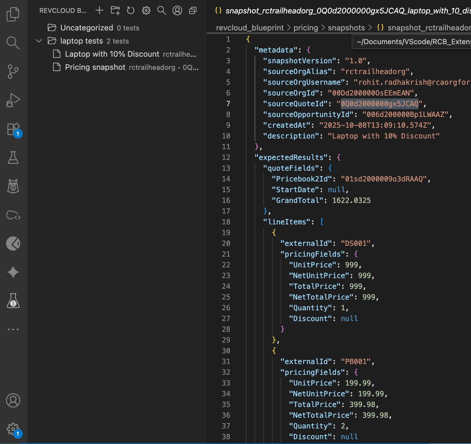 JSON snapshot file showing pricing scenario data